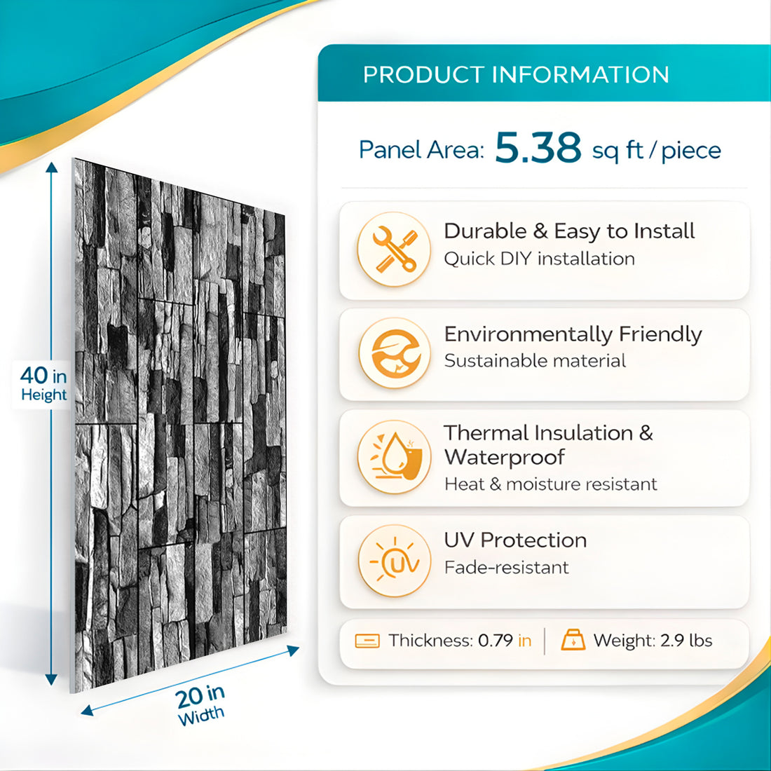 Charcoal Stacked Stone 3D Wall Panel – 20 x 40 in (KT-214) by Place It Decor